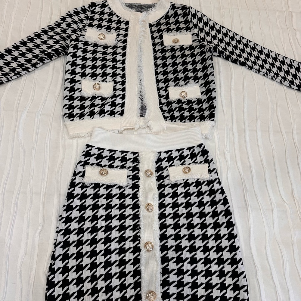 Houndstooth Knit Cardigan & Skirt Set - Black and White